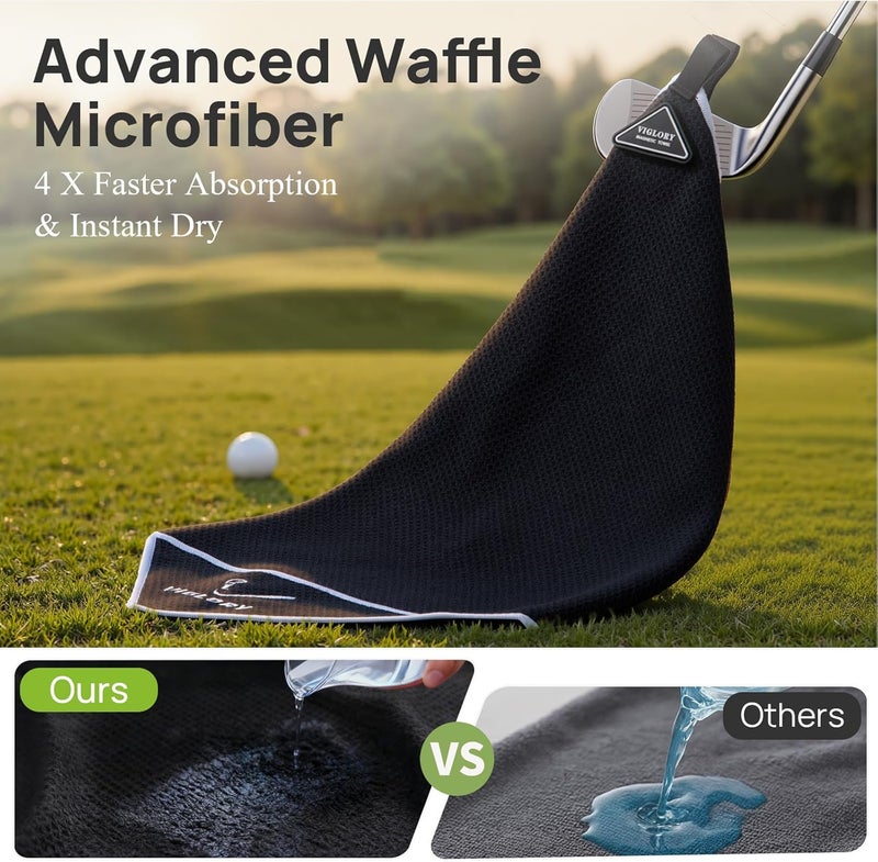VIGLORY Magnetic Golf Towel for Bag 18" x 18" with Clip Exclusive Cleaning Pocket Microfiber Waffle Ultra Absorbent Club Ball Cleaner Essential Golf Accessories and Gifts for Men Women(Black 1 Pack) - Image 5